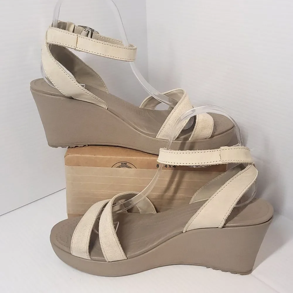 Crocs Women's Leigh II Cross-Strap Ankle Wedges Sandal, Oatmeal/Mushroom Size 10